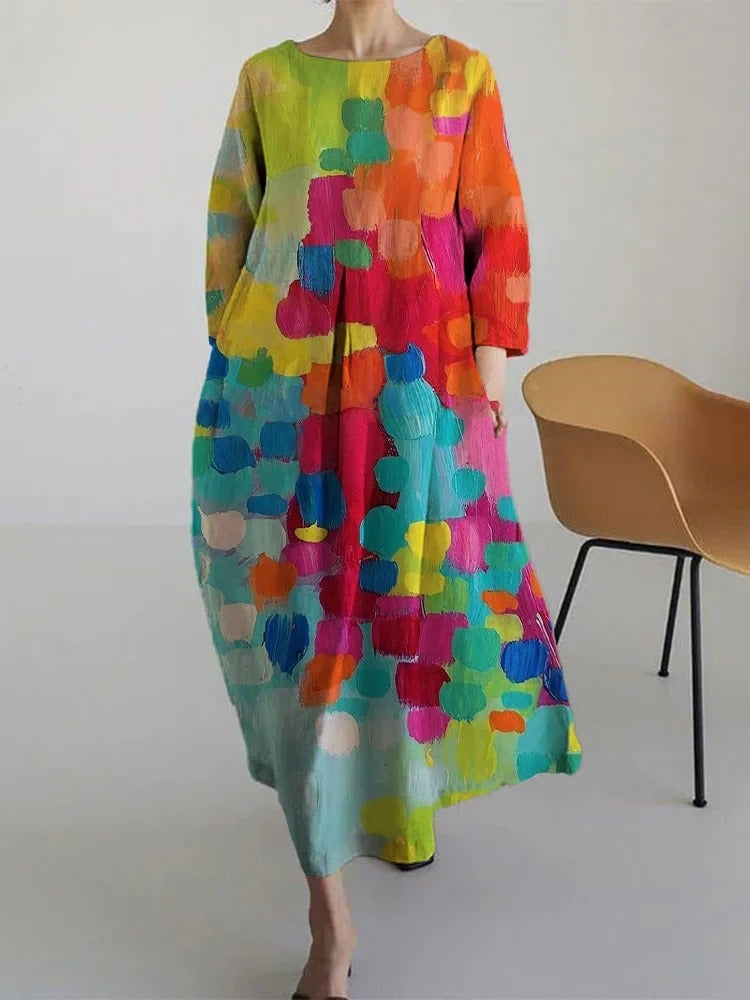 Casual damesjurk met olieverfschilderij en bloemenprint