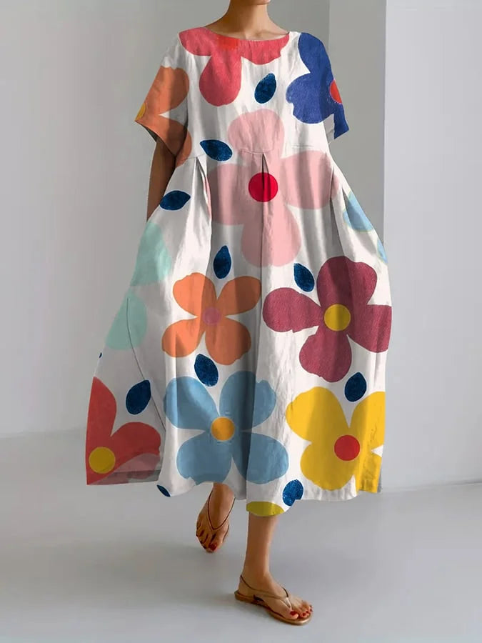 Casual, losse jurk voor dames met retro botanische bloemenprint