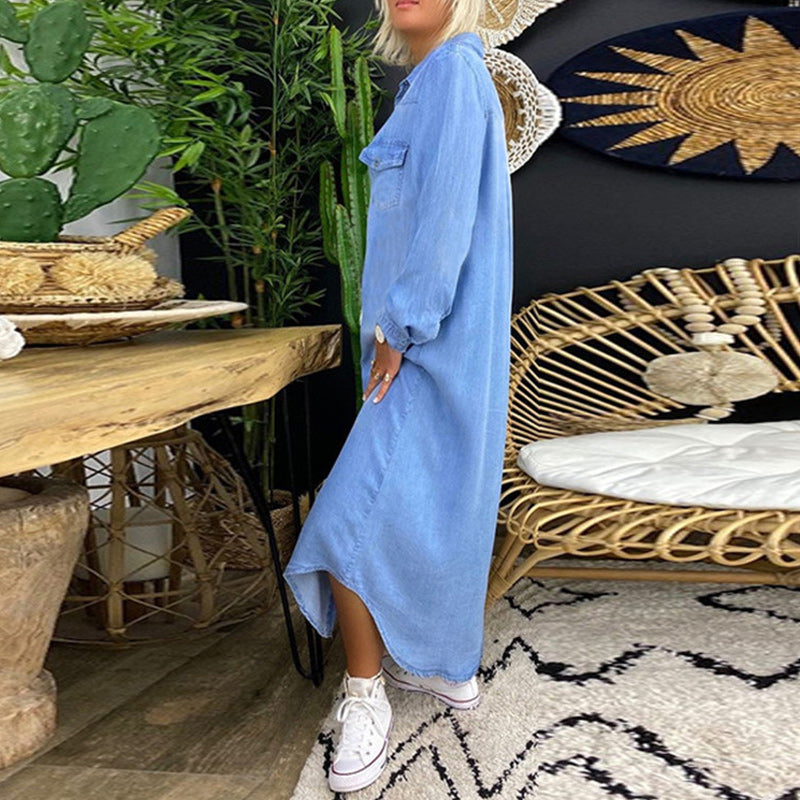 Lina™ - Lange mouwen maxi-jurk van denim 
