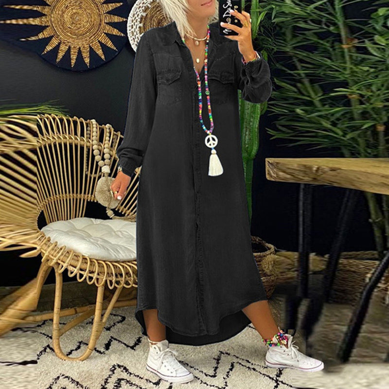 Lina™ - Lange mouwen maxi-jurk van denim 