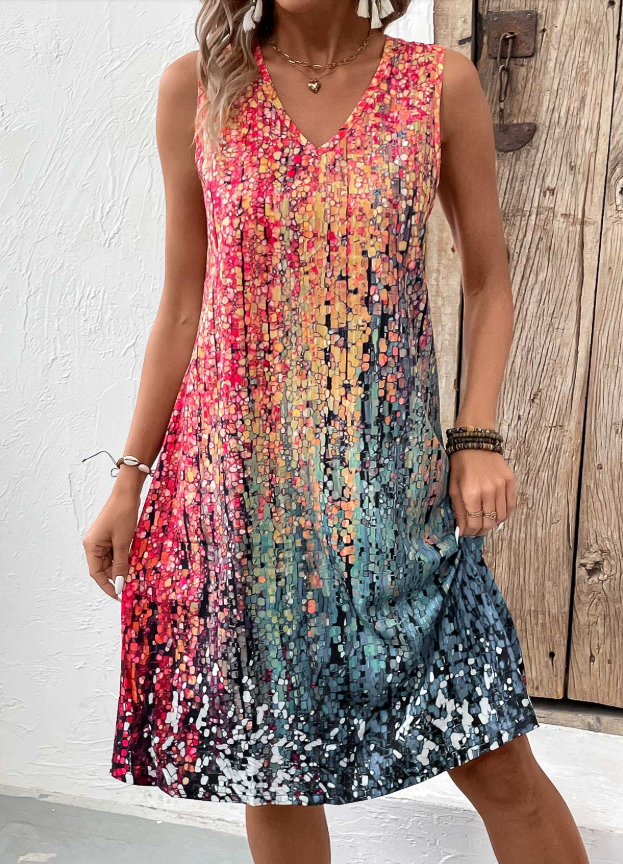 Mouwloze A-lijn jurk met V-hals.