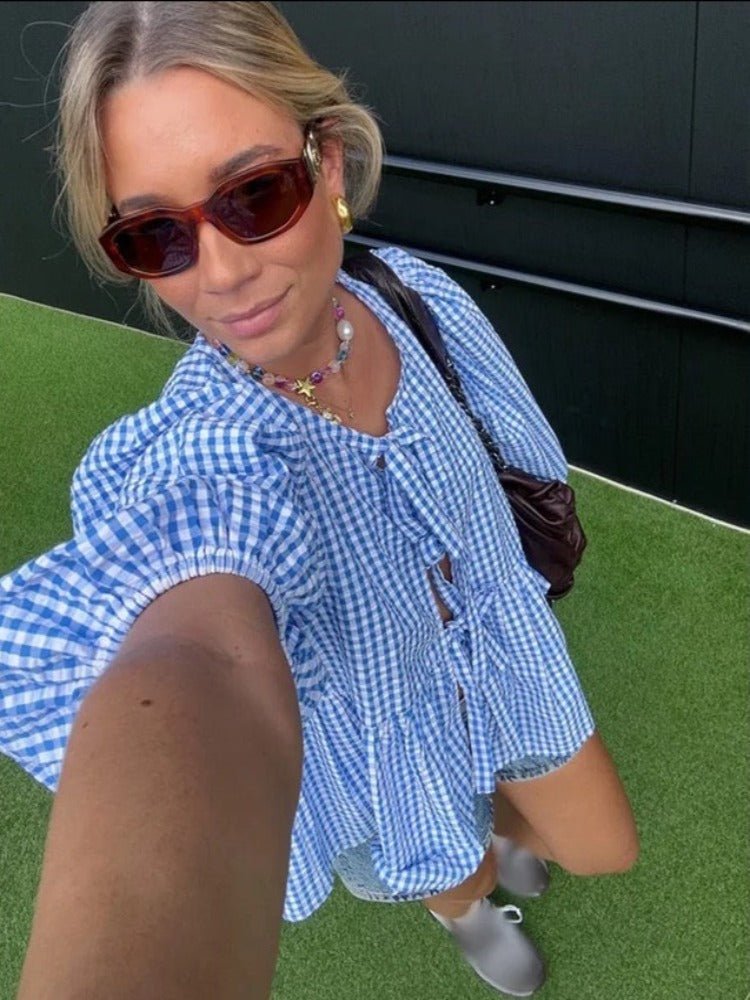 Jemima | Elegante blouse met pofmouwen en strikhals