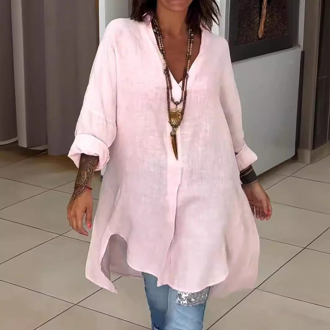 Zomers casual katoen-linnen V-hals overhemd